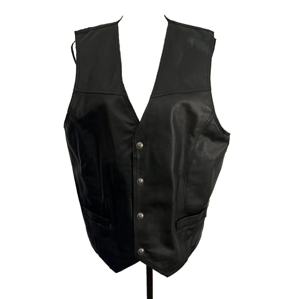 Cripple Creek Black Leather Vest Snap Front Cinch Back Women L Festival Concert